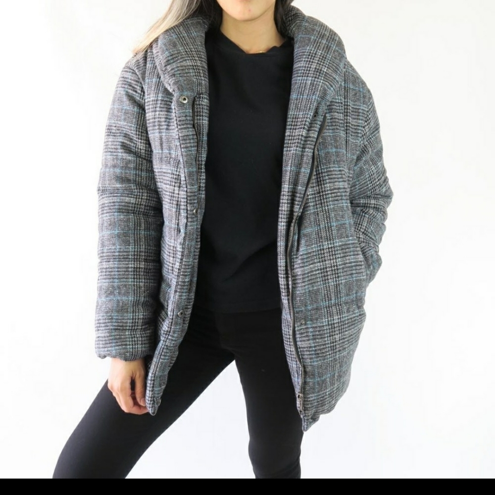 NWOT Something Navy Plaid Puffer Jacket XS - Picture 2 of 6